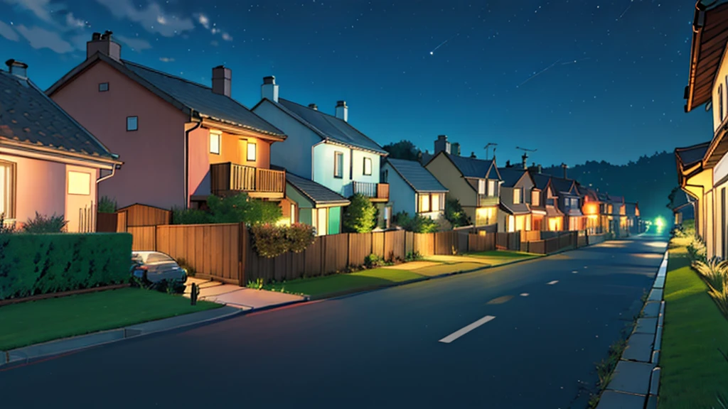 a large street between 2 houses at night, the houses have a grass in front of them, no humans, no persons