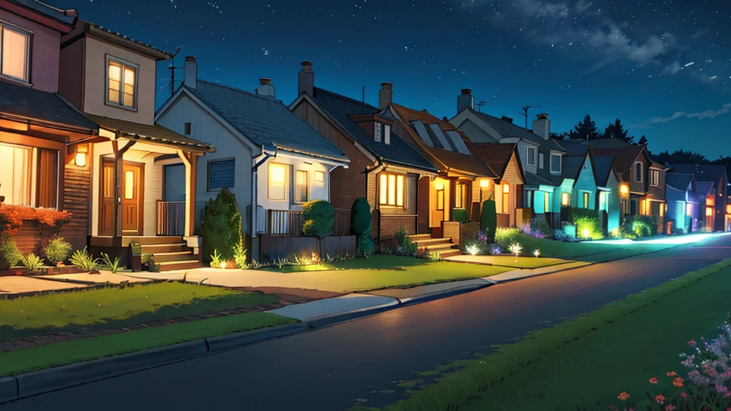 a large street between 2 houses at night, the houses have a grass in front of them, no humans, no persons