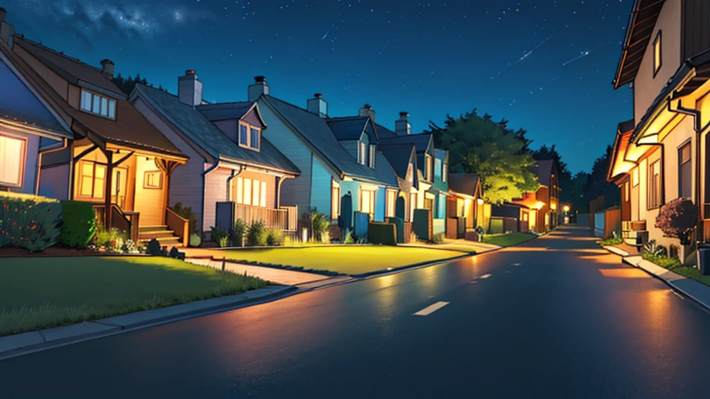 a large street between 2 houses at night, the houses have a grass in front of them, no humans, no persons