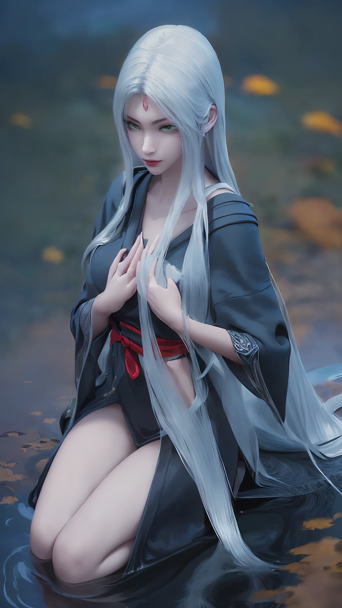 Araffe lady in black dress sitting on ledge over pond, seductive Tifa lockhart portrait, Tifa, Beautiful and charming anime woman, Popular on cgstation, Tifa lockhart, Beautiful goddess, glamorous Tifa lockheart, Japanese Goddess, Realistic anime girl rendering, Anime Goddess, Beautiful fantasy queen, Attractive anime girl, Popular on cgstation内容,(((White long hair))),(((Green eyes)),((Black robe)),((Place one hand on your chest))