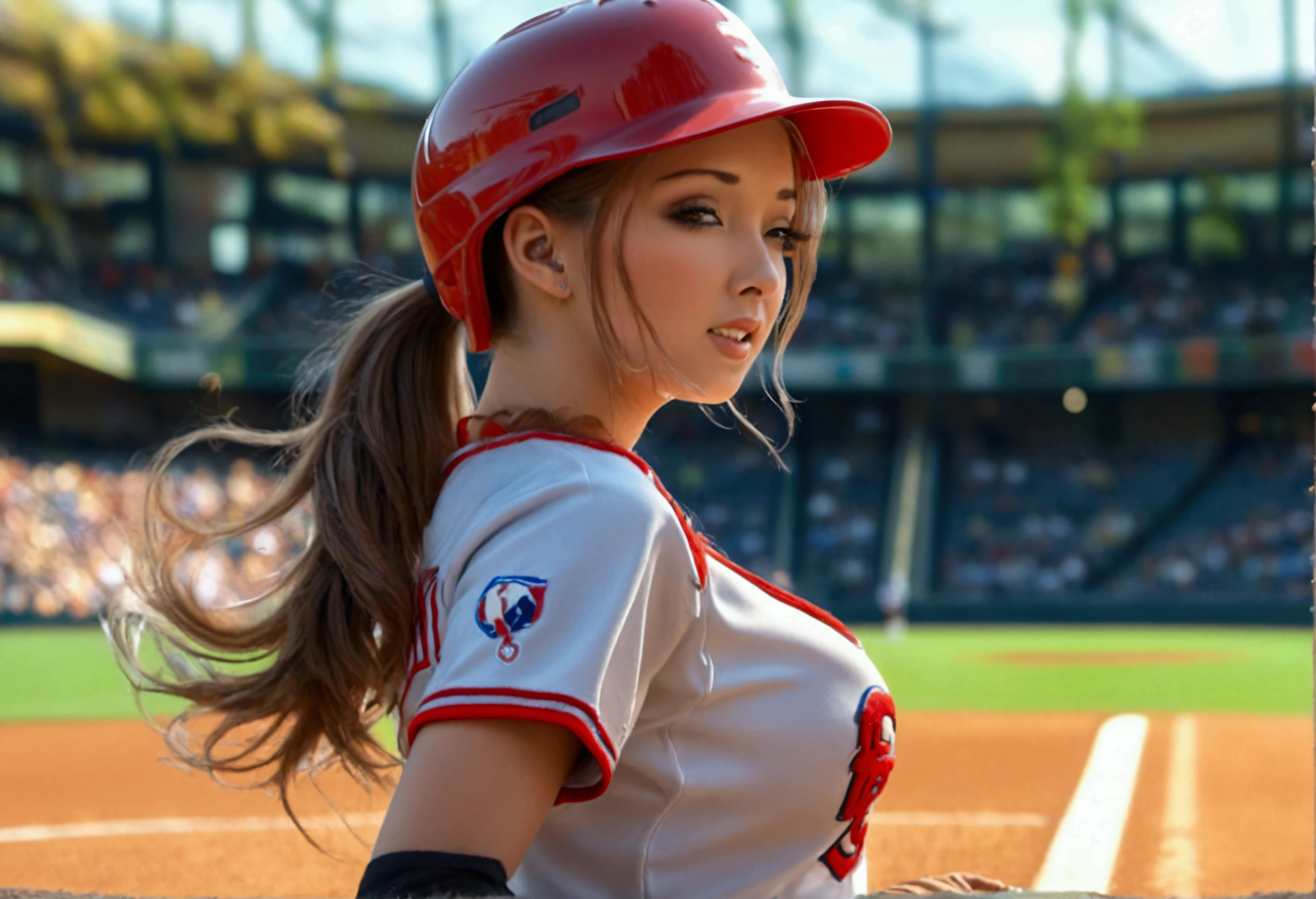 a cute woman in a sexy baseball uniform with her hair in a ponytail, sliding into 3rd base, entire body visible, camera angle low to the ground, highly detailed, photorealistic, 8k, best quality, masterpiece, ultra-detailed, sharp focus, physically-based rendering, extreme detail description, vivid colors, professional