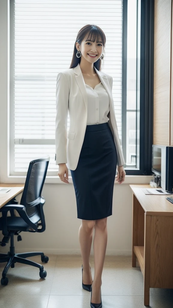 (Japanese Office Lady、25 year old Japanese woman:1.2)、One Woman、Very beautiful woman、(Checked business suit、Navy Business Suit、Suit skirt:1.3)、Black high heels、Direct your gaze this way、Smiling Kindly、Detailed face、Detailed eyes、Beautiful Lips、Beautiful eyes、Semi-long hair、Black Hair、Narrow Face、Thin face、Natural Makeup、Beautiful feet、Simple earrings、At the company office、Office with desks and chairs、Office with big windows、Woman walking indoors、((RAW Photos、clear color photos))、Perfect proportions、Lifelike skin texture