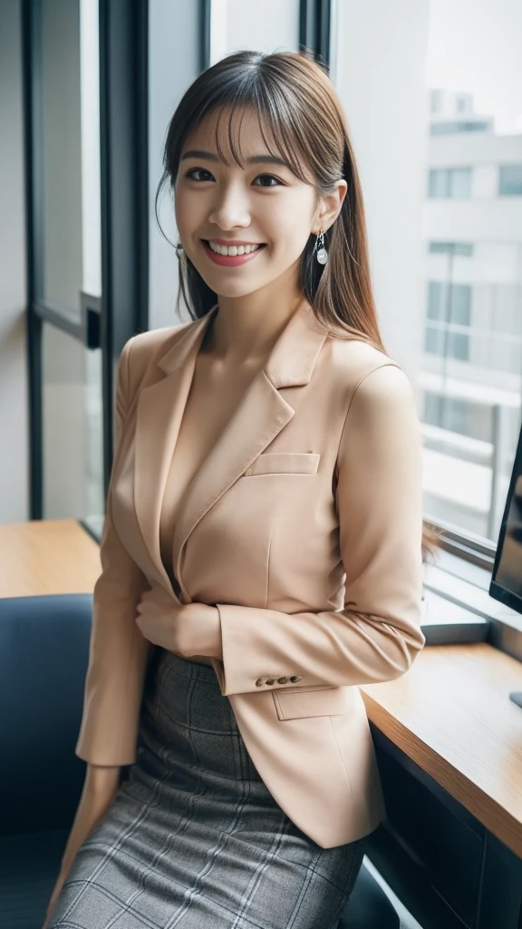 (Japanese Office Lady、25 year old Japanese woman:1.2)、One Woman、Very beautiful woman、(Checked business suit、Navy Business Suit、Suit skirt:1.3)、Black high heels、Direct your gaze this way、Smiling Kindly、Detailed face、Detailed eyes、Beautiful Lips、Beautiful eyes、Semi-long hair、Black Hair、Narrow Face、Thin face、Natural Makeup、Beautiful feet、Simple earrings、At the company office、Office with desks and chairs、Office with big windows、Woman walking indoors、((RAW Photos、clear color photos))、Perfect proportions、Lifelike skin texture