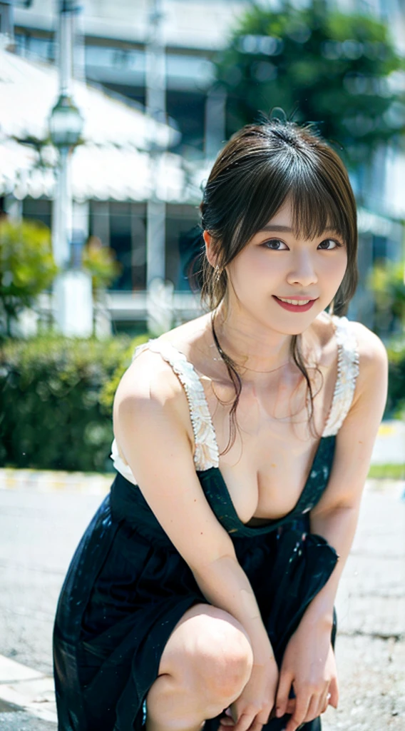 Woman waiting for people on street corner in transparent clothes、top-quality、Girl 1ten mens、large full breasts、day、Luminescence、blur backgroun、bokeh dof、outside of house、(Street:0.8)、(The human々、Large crowds:1)、a gorgeous(Very Shorthair、Forehead:1.2)、Beautiful sky with details、earrings、(dynamicposes:1.2)、 (The upper part of the body:0.8)、Soft lighting、the wind、glowy skin、A smile、Sareme、yellow sandals、