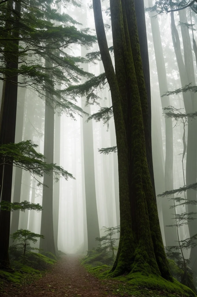 a view of a path through a dense forest in the fog, a matte painting by Tadashige Ono, flickr, romanticism, in a foggy redwood forest, misty forest, foggy jungle, eerie jungle, foggy forest, eerie!!! atmosphere, ancient forest like fanal forest, in the foggy huge forest, ominous and eerie forest, misty woods, beautiful and mysterious