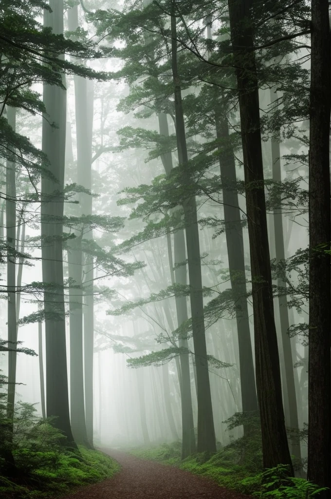 a view of a path through a dense forest in the fog, a matte painting by Tadashige Ono, flickr, romanticism, in a foggy redwood forest, misty forest, foggy jungle, eerie jungle, foggy forest, eerie!!! atmosphere, ancient forest like fanal forest, in the foggy huge forest, ominous and eerie forest, misty woods, beautiful and mysterious