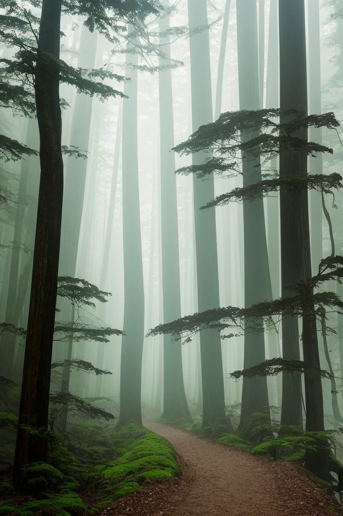 a view of a path through a dense forest in the fog, a matte painting by Tadashige Ono, flickr, romanticism, in a foggy redwood forest, misty forest, foggy jungle, eerie jungle, foggy forest, eerie!!! atmosphere, ancient forest like fanal forest, in the foggy huge forest, ominous and eerie forest, misty woods, beautiful and mysterious