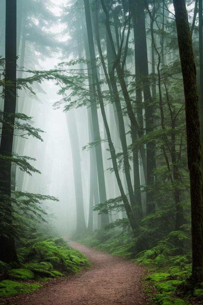 a view of a path through a dense forest in the fog, a matte painting by Tadashige Ono, flickr, romanticism, in a foggy redwood forest, misty forest, foggy jungle, eerie jungle, foggy forest, eerie!!! atmosphere, ancient forest like fanal forest, in the foggy huge forest, ominous and eerie forest, misty woods, beautiful and mysterious