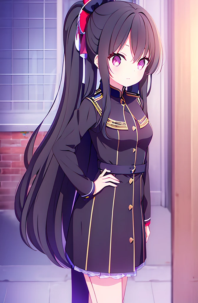 hair length about 5 meters girl long_hair black_hair tall black_uniform highschool 1girl high ponytail