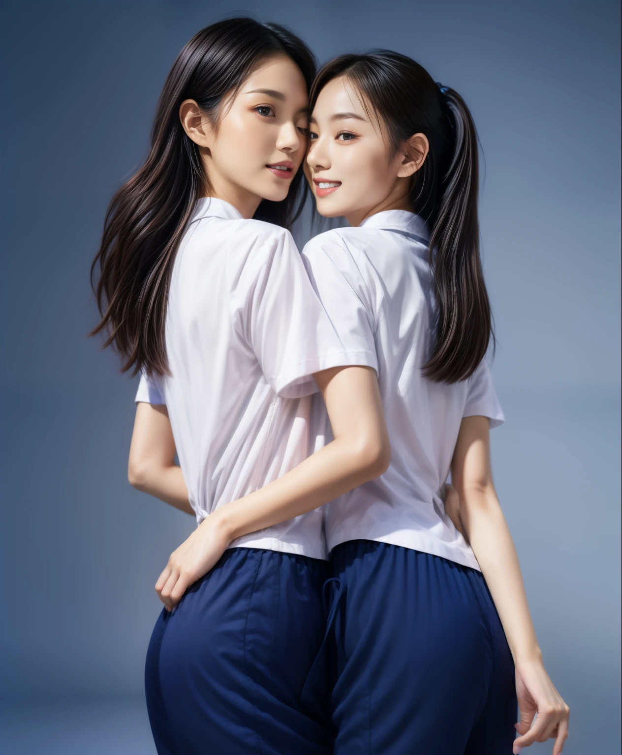 (best quality,10,10,height,Masterpiece:1.2),Special details,(realistic,ภาพrealistic,Realistic photos:1.37),1 Cute girl in the kitchen,shiny, ผิวshiny,only,smile softly,BDclothelue shirt:1.3)),short sleeve,shirt, กางเกงขาlong.,(navy_long_track pants:1.1), ((Kitchen Background)),Dynamic angle,excited,Face focus,dynamic poses,from behind,focus on ass,Masterpiece, best quality, ultra realistic, hyper detail, 8k resolution, raw photos, Sharp focus, ((Navy blue shirt:1.1)), short sleeve, เส้นทางlong, perfect body, 2 mature women, 18 years old, Cinema-grade lighting system,blue sweatpants,shirtผ้าออกกำลังกาย,correct anatomy,perfect body, correct body, Sharp face, correct bodyทางกายวิภาค, full body, realistic gestures, long-haired, realistic poses,Wear long shorts...........................,ช่วงขาlong,Good shape,carved girl, Slender figure, model, Good shape, beautiful body,blue sweatpants, two girls kissing