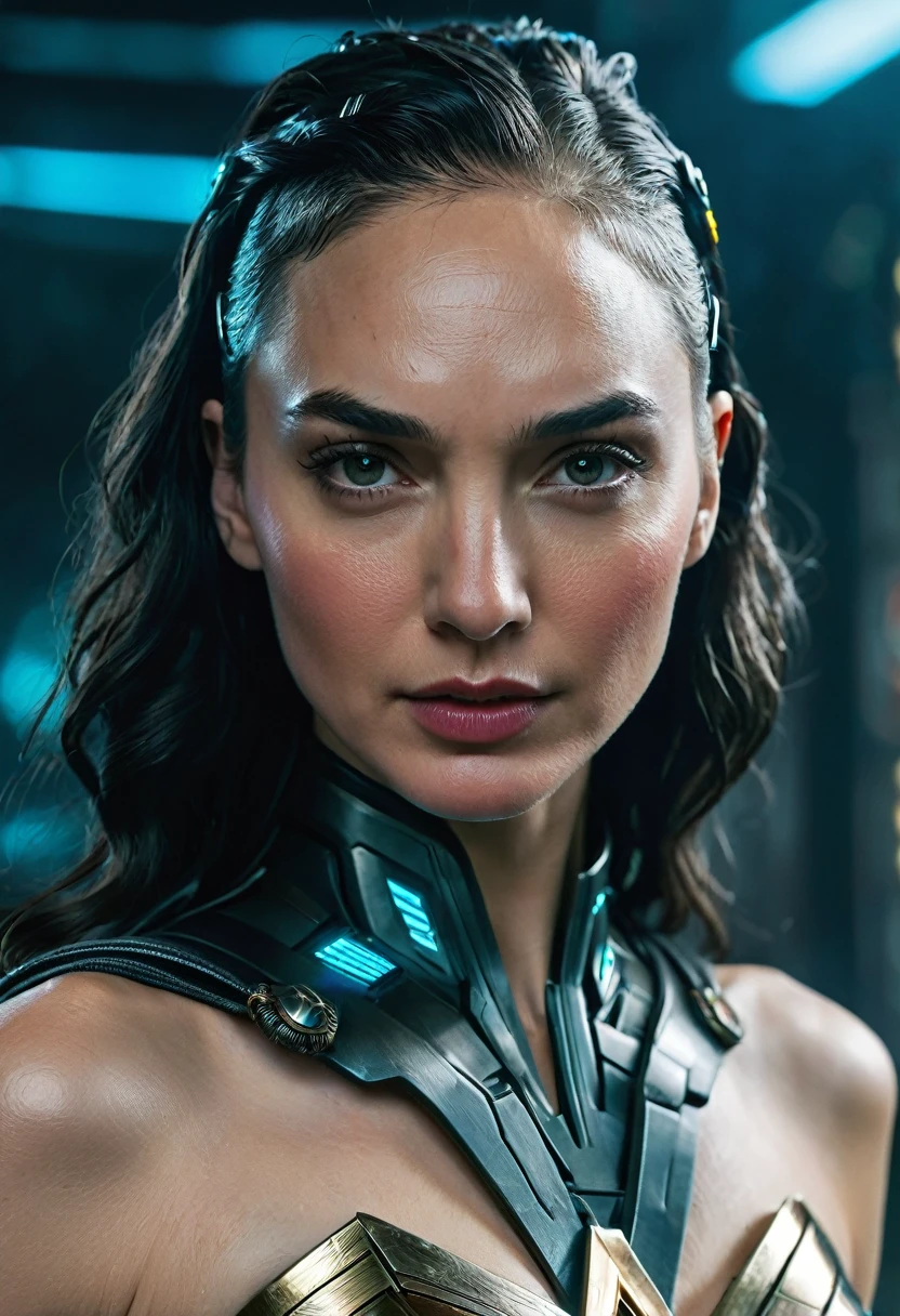 (((In extreme close-up, a cyber punk woman Gal Gadot under the mantle of the Amazon warrior, part of her shaved hair Diaema Wonder Woman Cyber Punk frontal images color images Splash Diaema Wonder Woman Wonder Woman Cyber Punk)))