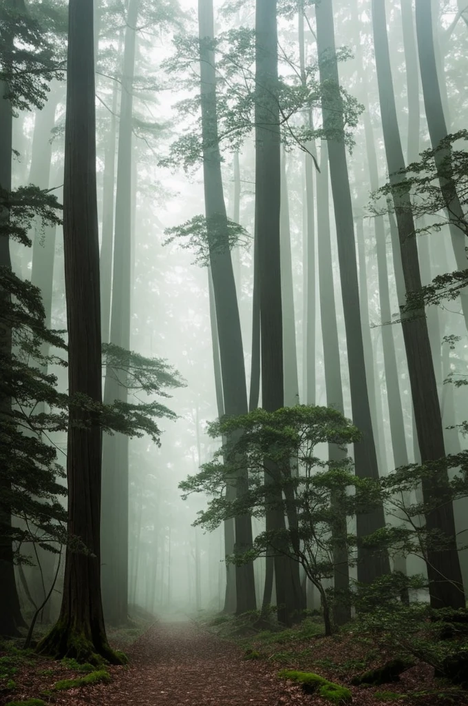 a view of a path through a dense forest in the fog, a matte painting by Tadashige Ono, flickr, romanticism, in a foggy redwood forest, misty forest, foggy jungle, eerie jungle, foggy forest, eerie!!! atmosphere, ancient forest like fanal forest, in the foggy huge forest, ominous and eerie forest, misty woods, beautiful and mysterious