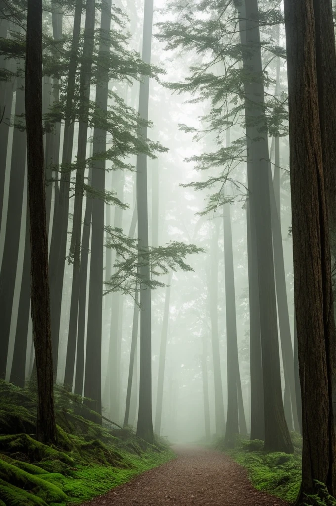 a view of a path through a dense forest in the fog, a matte painting by Tadashige Ono, flickr, romanticism, in a foggy redwood forest, misty forest, foggy jungle, eerie jungle, foggy forest, eerie!!! atmosphere, ancient forest like fanal forest, in the foggy huge forest, ominous and eerie forest, misty woods, beautiful and mysterious