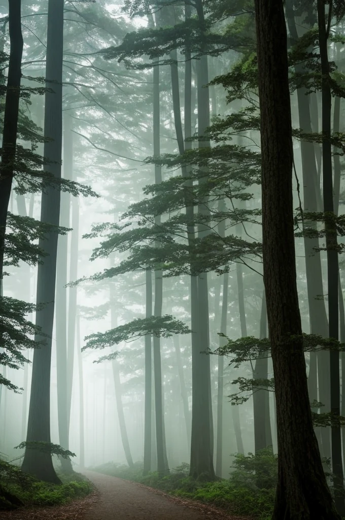 a view of a path through a dense forest in the fog, a matte painting by Tadashige Ono, flickr, romanticism, in a foggy redwood forest, misty forest, foggy jungle, eerie jungle, foggy forest, eerie!!! atmosphere, ancient forest like fanal forest, in the foggy huge forest, ominous and eerie forest, misty woods, beautiful and mysterious