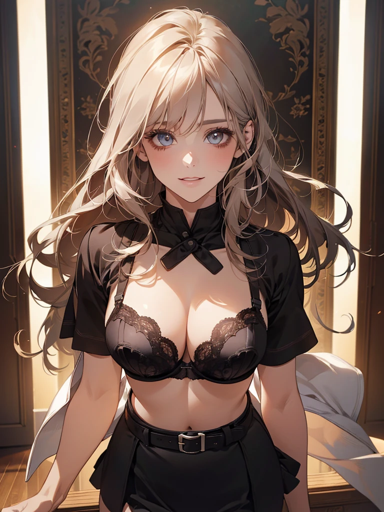 (masterpiece:1.2, highest quality), (realistic, photorealistic:1.4), beautiful illustrations, (natural side lighting, movie lighting), looking at the viewer, Upper body, (Front view), 1 girl, perfect face, Cute symmetrical face, shiny skin, baby face, long eyelashes, (large breasts), (wide hips),beautiful hair, beautiful face, fine and beautiful eyes, beautiful body, beautiful breasts, beautiful thighs, beautiful feet, beautiful fingers,(beautiful scenery),(cute smile:1.2, upper grade),thighhighs,layered skirt,(belt bra:1.2),