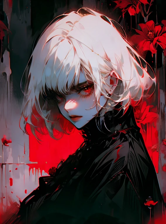 blood stains, Horror, sad, Girl, Very detailed, red death flowers, white hair, black hair 