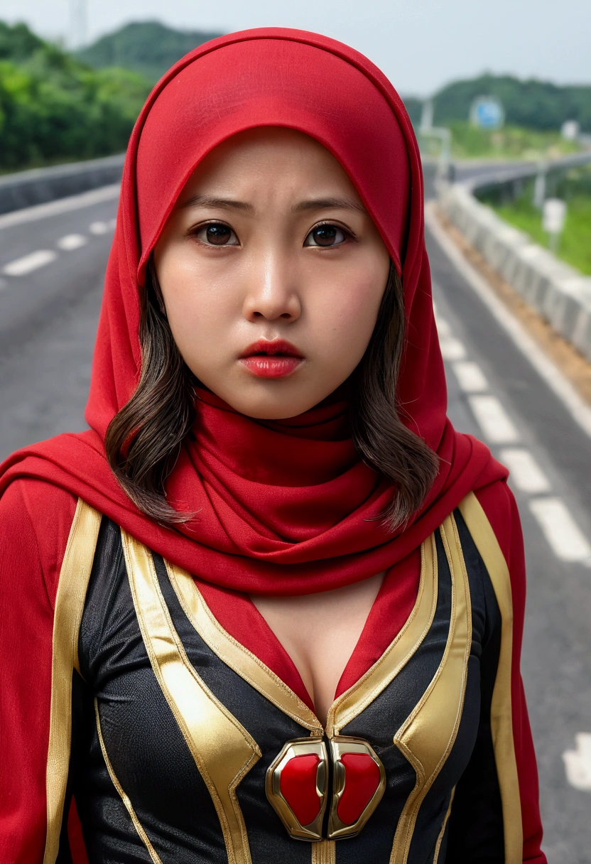 (Kamen rider Ark) Very cute and baby-like face, Power puff girl, Naked, Angry pose, Angry face, (((RED HIJAB MALAY GIRL))), (((LONG HAIR))), masutepiece, High quality, UHD 45K, Realistic face, Realistic skin feeling , A Japanese Lady, , , Very cute and baby-like face, (((FLAT CHEST))), (MATRIX WORLD), ((look In front at the camera and SADNESS)), (((SMALL BREAST))), (((CUTE GIRL))), ((RED LIPS)), ((RED, BLACK, GOLD, KAMEN RIDER SUIT)), ((CHUBBY)), ((VISIBLE CLEAVAGE)), ((RED NAIL)). Standing at the toll road