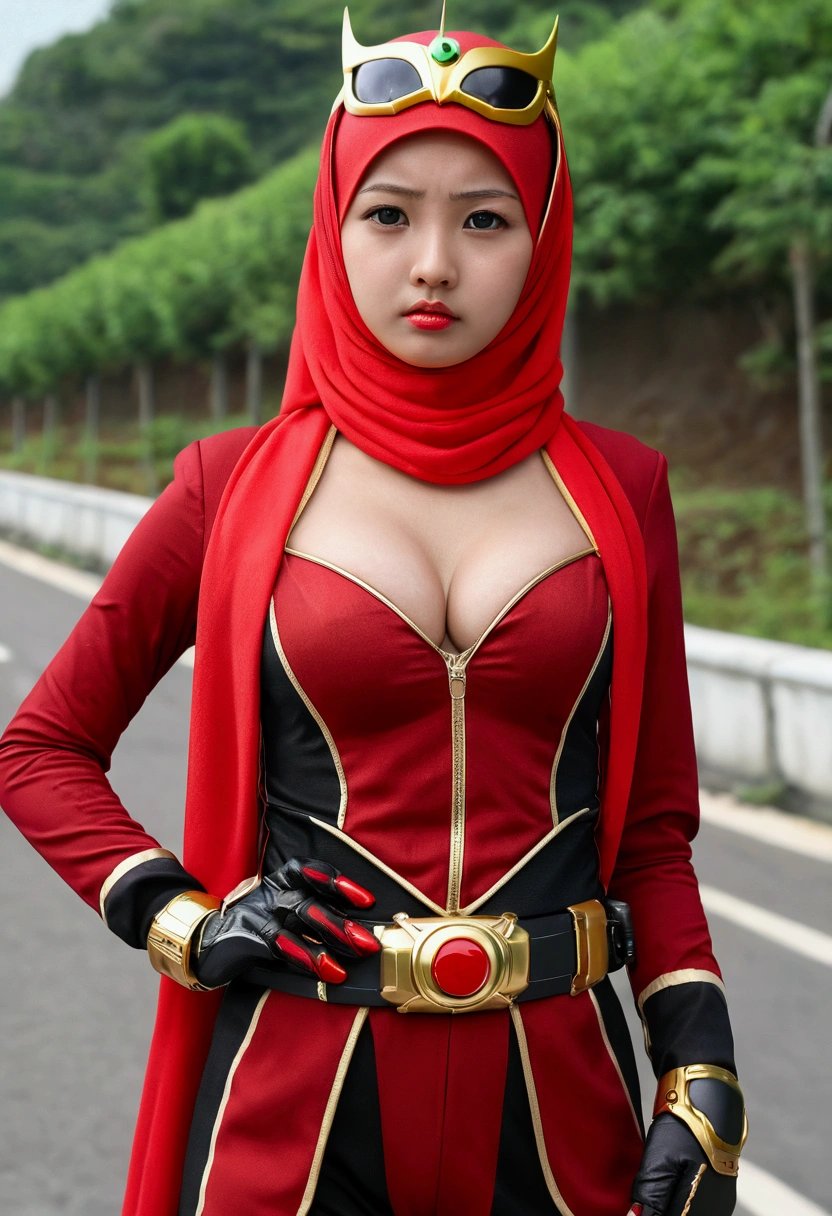 (Kamen rider Ark) Very cute and ****-like face, Power puff girl, Naked, Angry pose, Angry face, (((RED HIJAB MALAY GIRL))), (((LONG HAIR))), masutepiece, High quality, UHD 45K, Realistic face, Realistic skin feeling , A Japanese Lady, 8 *********, , Very cute and ****-like face, (((FLAT CHEST))), (MATRIX WORLD), ((look In front at the camera and SADNESS)), (((SMALL BREAST))), (((CUTE GIRL))), ((RED LIPS)), ((RED, BLACK, GOLD, KAMEN RIDER SUIT)), ((CHUBBY)), ((VISIBLE CLEAVAGE)), ((RED NAIL)). Standing at the toll road