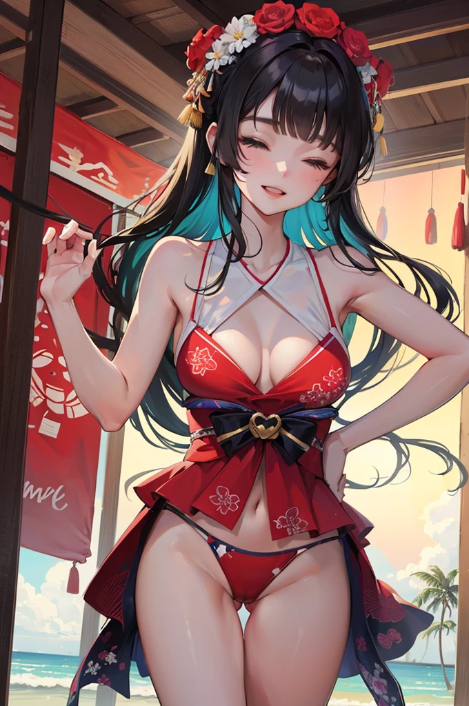 (pov kimono style swimsuit) (beautiful body), (solo:2, 15 yo, blunt bangs:1.3 black hair long hair sexy shrine girl, sexy closed eyes, happy smile, medium tits), (in a japanese modern:1.3 shrine:1.2 beautiful one piece swimsuit, wabisabi:1.3, white and red), break, in the Swimsuit contest venue, background Double Exposure beautiful ocean, BREAK, perfect anatomy, masterpiece, best quality, 16k, beautiful detailed love, sexy, daydreaming expression.