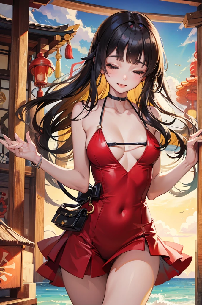 (pov kimono style swimsuit) (beautiful body), (solo:2, 15 yo, blunt bangs:1.3 black hair long hair sexy shrine girl, sexy closed eyes, happy smile, medium tits), (in a japanese modern:1.3 shrine:1.2 beautiful one piece swimsuit, wabisabi:1.3, white and red), break, in the Swimsuit contest venue, background Double Exposure beautiful ocean, BREAK, perfect anatomy, masterpiece, best quality, 16k, beautiful detailed love, sexy, daydreaming expression.