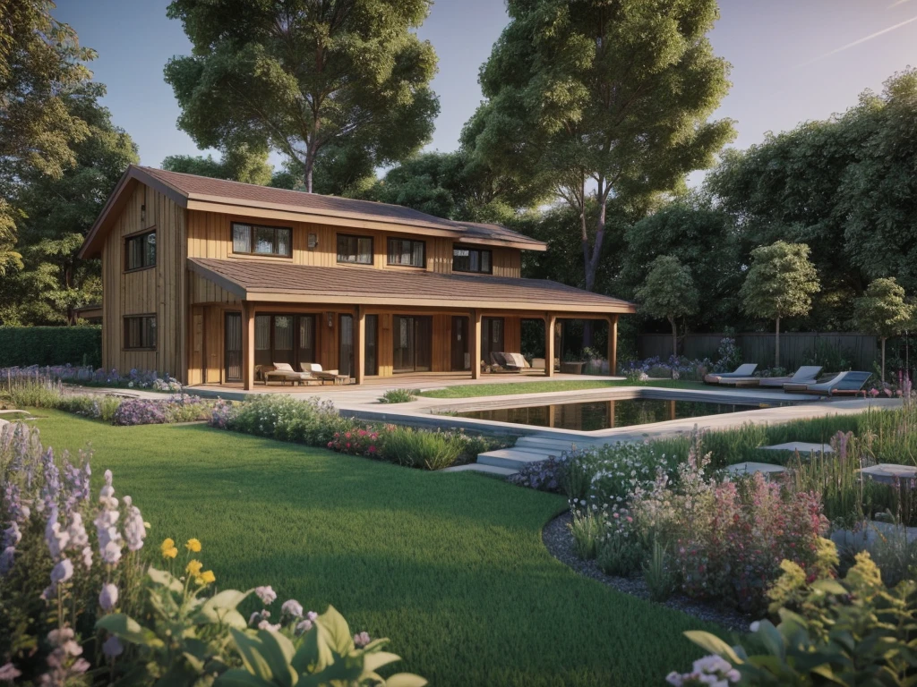 A photo of modern garden house, wooden house, around vegetable garden, flowers, trees, vegetation, corona rendering, 3ds max, wide view, sunny sky, sunset environment, sunny movie, natural light RAW photo, 8k uhd, dslr, soft lighting, high quality, film grain, Fujifilm XT3