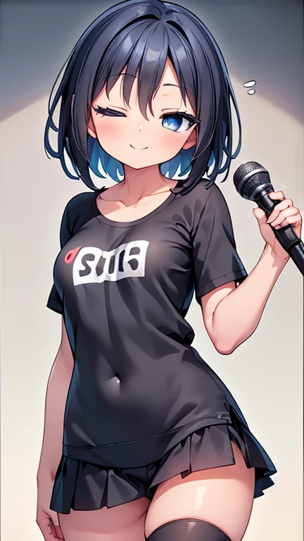 Highest quality,wonderful,finely,Highly detailed CG Unity 8k wallpaper, (1 Girl,Black Hair, blue eyes,short hair, Double Bang), (Small breasts:1.2), (Black T-shirt:1.1), (clavicle:1.1), Shorts、Smiling Kindly、smile、 ((Eyes half-closed:1:2))、(Open your mouth:1.2), (zettai ryouiki:1.2),(narrow:1.2), (Are standing:1.2)、(Hold a microphone in your right hand:1.1)、((Commenting live))、Solid white background、Facing the camera