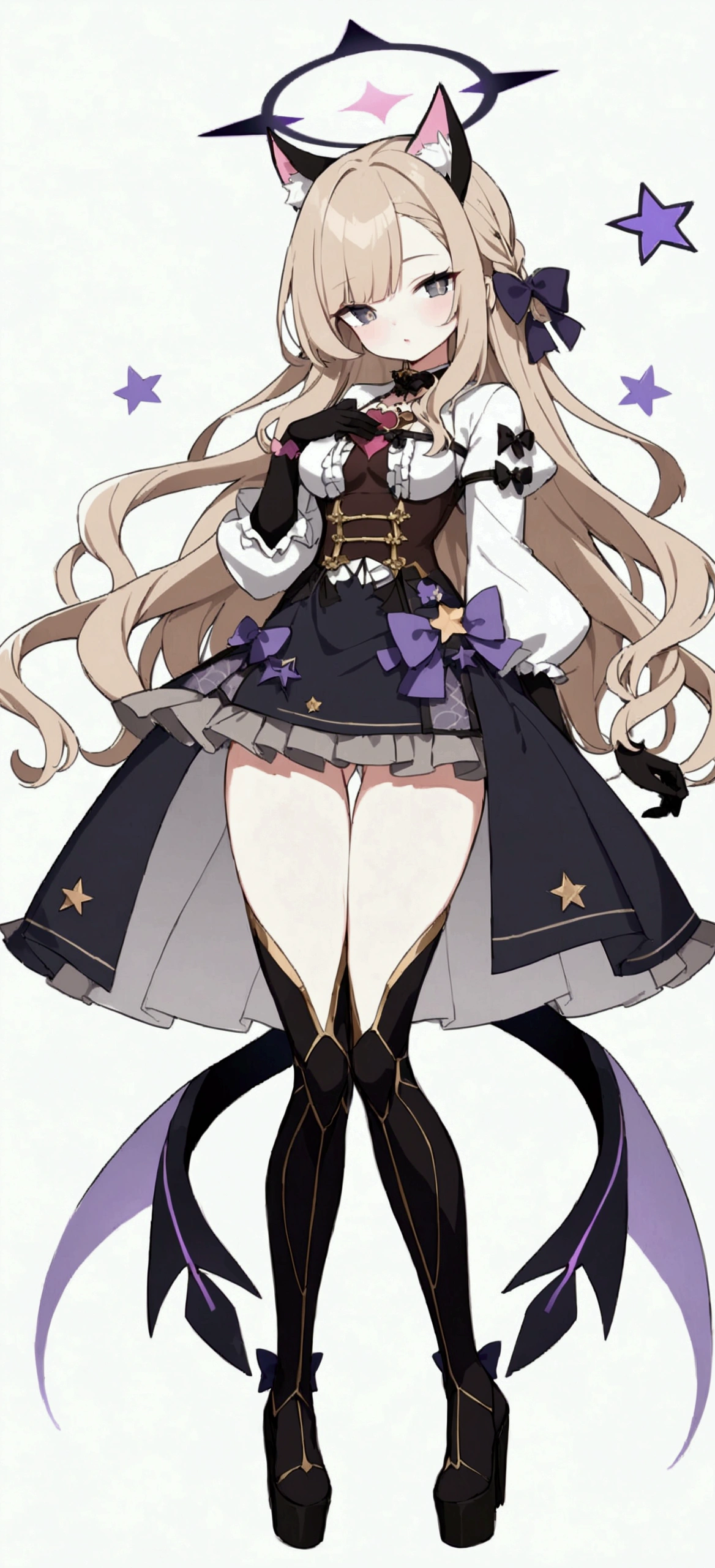 woman 170 cm tall. medium chest, wide hip, slim build, ((whole body)). (((character design sheet: front view))). (dark blonde hair, (hip-length wavy hair with asymmetrical bangs), (She has a short braid tied with an elegant purple bow on the left side of her hair above her chest). (She has a short braid tied with an elegant purple bow on the right side of her hair above her chest). She has small ribbons in the back of her hair..). ((Gray eyes with a pink 4-pointed star in the pupil)). Two black and purple serval ears located on the top of the head. (Luminous black halo with purple star patterns above his head). He has a black collar with a heart emblem on his neck.. (Elegant long one piece dress, thigh-length lace and ruffle skirt, ribbon decorations and star patterns on the dress). black gloves, beautiful black platform heels. gray belt at the waist with a large ribbon with a luminous pink heart in the middle. (It has a beautiful succubus tail that ends in a small purple star at the tip..). ((It has complex mecha legs that reach up to the thighs and are black with small purple details..)). beautiful detailed hair, beautiful detailed dress. extremely detailed arms. extremely detailed face, small face, Beautiful detailed eyes, beautiful detailed lips. adorable. extremely detailed legs. (Best Quality, 4k, high resolution), ultra detailed, Exquisite and epic character art, ((White background)). (Focus on symmetry).