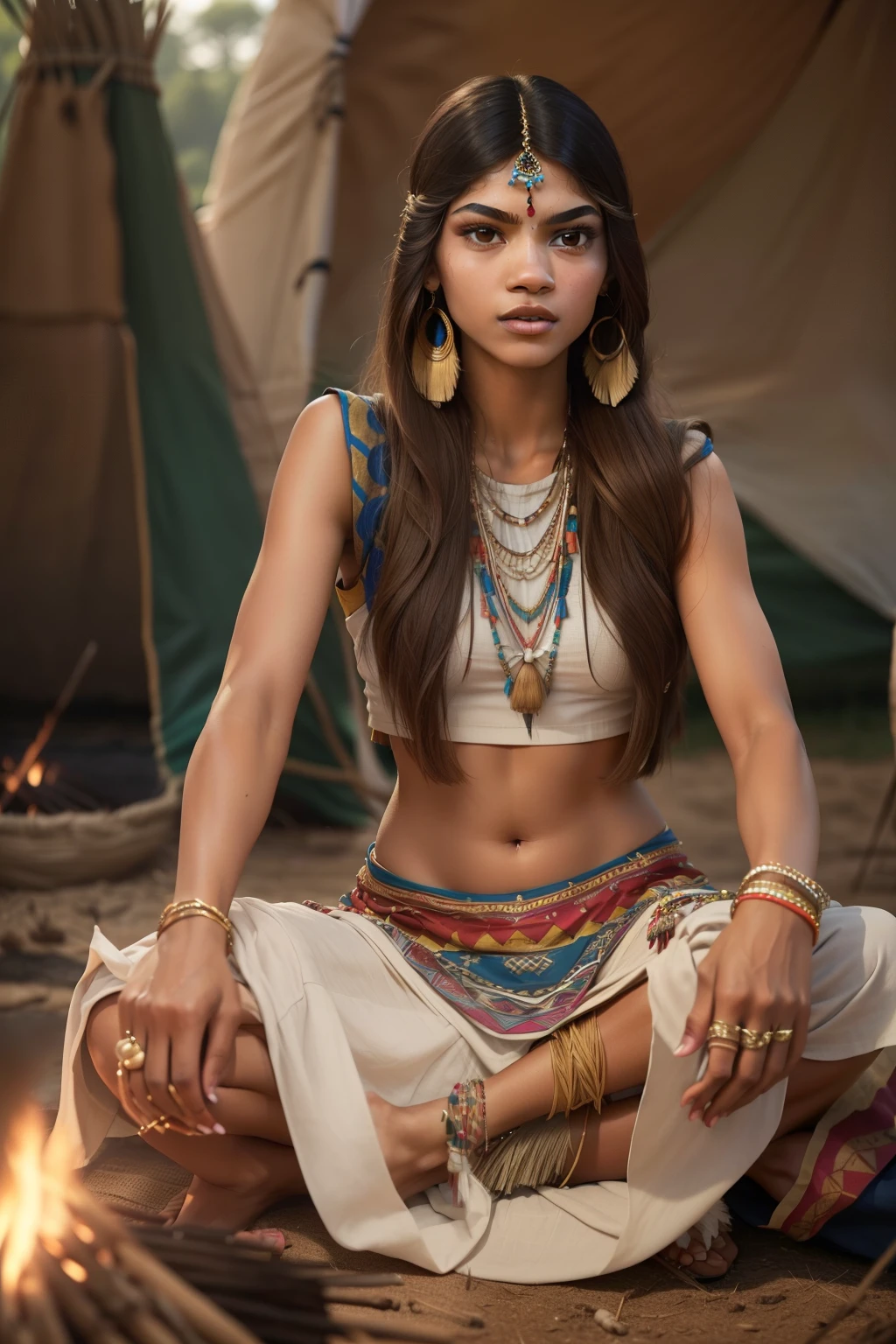 ((Zendaya is an Indian woman)), ((who wears the typical clothes of a squaw)), (Sitting around the campfire), (Tipi in the background), ((skinny woman)), (small head), ((natural skin structure)), ((she has small round breasts)), ((Expressive detailed face)), (photorealestic), (Raytracing), (sharp focus entire body)), ((Cropped-Shirt und Unterbrust)), (she looks in love))