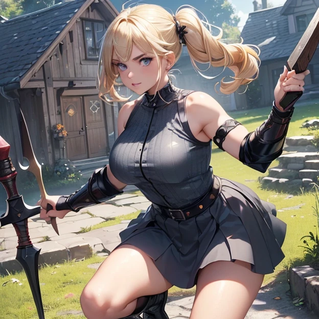 (Best high quality image, very detailed image and textures, carefully detailed image, carefully detailed character, carefully detailed background, carefully detailed textures, character alone)
{{((1character: 29 years old swedish blonde girl citizen), (blonde hair tied in two high-long-pigtails with pink ribbons, fair-pale skin, light blue eyes, thin lips, blonde eyebrows, absolute beauty, voluptuous feminine figure, beautiful arms, beautiful legs, combat pose), (ong black boots, grey skirt, blue chainmail shirt, two hand viking axes), (house yard, sunny day))}}