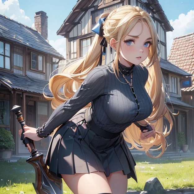 (Best high quality image, very detailed image and textures, carefully detailed image, carefully detailed character, carefully detailed background, carefully detailed textures, character alone)
{{((1character: 29 years old swedish blonde girl citizen), (blonde hair tied in two high-long-pigtails with pink ribbons, fair-pale skin, light blue eyes, thin lips, blonde eyebrows, absolute beauty, voluptuous feminine figure, beautiful arms, beautiful legs, combat pose), (ong black boots, grey skirt, blue chainmail shirt, two hand viking axes), (house yard, sunny day))}}