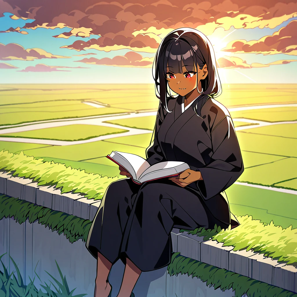A woman with brown skin and black hair, with red eyes and long, sharp, curved fangs, plus big forearms and hands. She wears all-black dobok pants and a black long-sleeved top. She is sitting on a wall overlooking vast, green plains on a sunny day, reading a book.