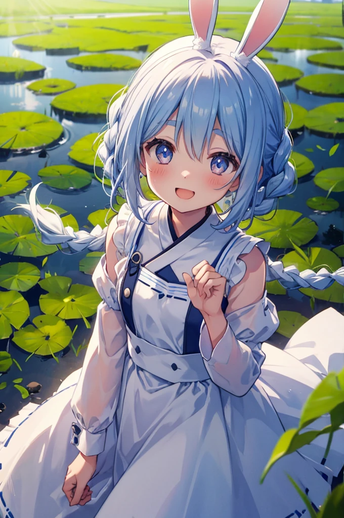 A peaceful rice field road、Walk slowly、Braids on both sides、Bunny ears、Shot from above、Close-up、Leaves flutter、Bright screen、laughing