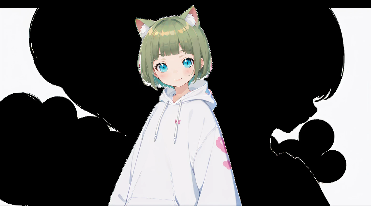 Please express the outline clearly、An unprecedented number of draws、Blonde、Cat ear、Pink hoodie、high quality、Colorful color palette、high resolution、pretty girl、 Pink hoodie、An unprecedented number of draws、Anime Style、Geometric background、Sticker Style、short hair、Blonde、Turquoise Eyes, Messy Hair, Pink hoodie、髪と同じ色のCat ear、front, Hands posing, Until death, Bondage, Baggy clothes