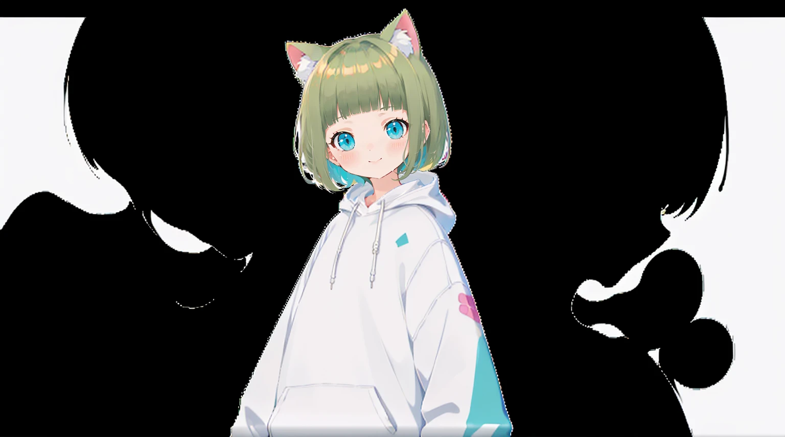 Please express the outline clearly、An unprecedented number of draws、Blonde、Cat ear、Pink hoodie、high quality、Colorful color palette、high resolution、pretty girl、 Pink hoodie、An unprecedented number of draws、Anime Style、Geometric background、Sticker Style、short hair、Blonde、Turquoise Eyes, Messy Hair, Pink hoodie、髪と同じ色のCat ear、front, Hands posing, Until death, Bondage, Baggy clothes