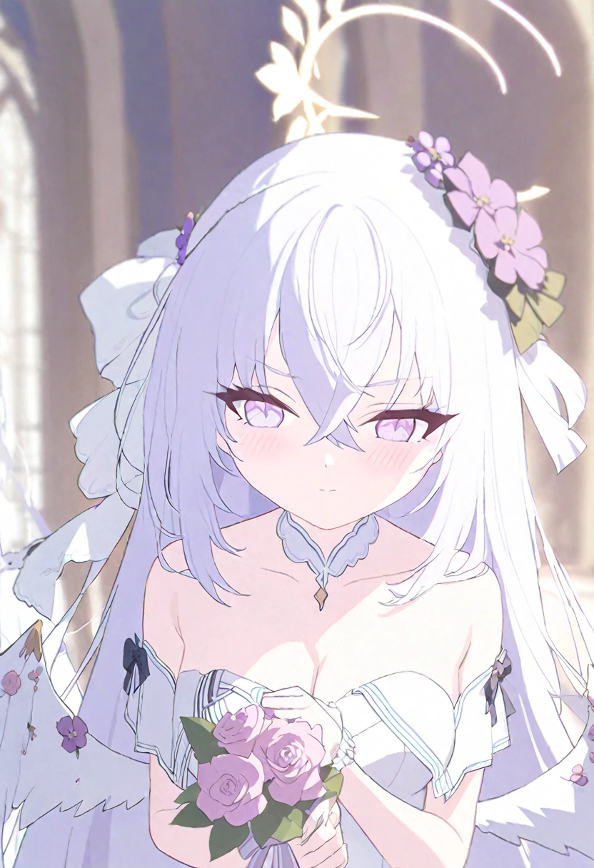azusa \(blue archive\),AddXL, 1girl 1other alternate_costume angel_wings bare_shoulders blush bouquet breasts bridal_veil bride cleavage closed_mouth collarbone dress feathered_wings flower hair_between_eyes halo holding holding_bouquet jewelry long_hair looking_at_viewer small_breasts necklace out_of_frame pink_flower pink_rose pov pov_hands purple_eyes rose solo_focus strapless strapless_dress veil very_long_hair wedding_dress white_dress white_flower white_hair white_rose white_wings wings
