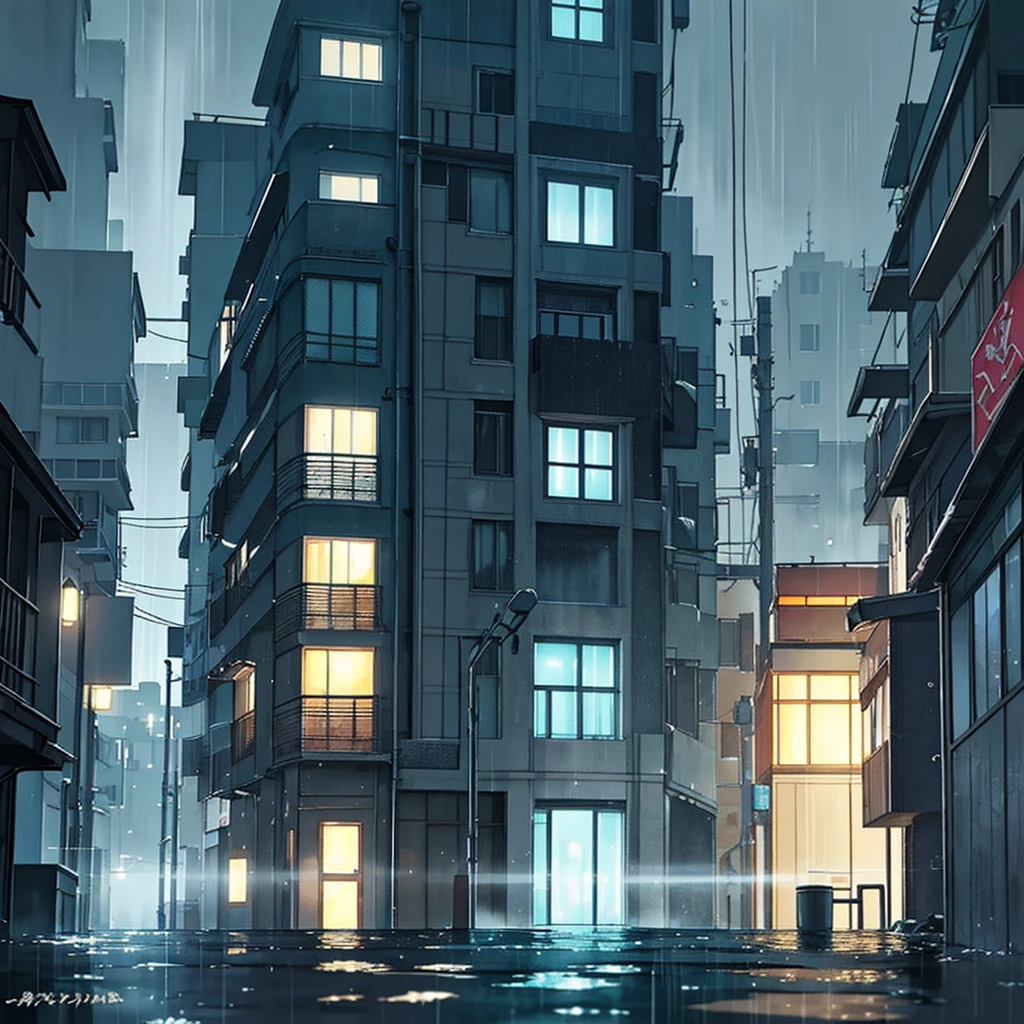 Morning,An apartment downstairs,In heavy rain,There were no people on the streets,Only torrential rain poured down,the night,concept art inspired by Makoto Shinkai,best qualtiy,beautiful anime scenes,anime scene,Movie anime scenes,the night,Fantasy anime,atmospheric anime,Detail Enhancement。