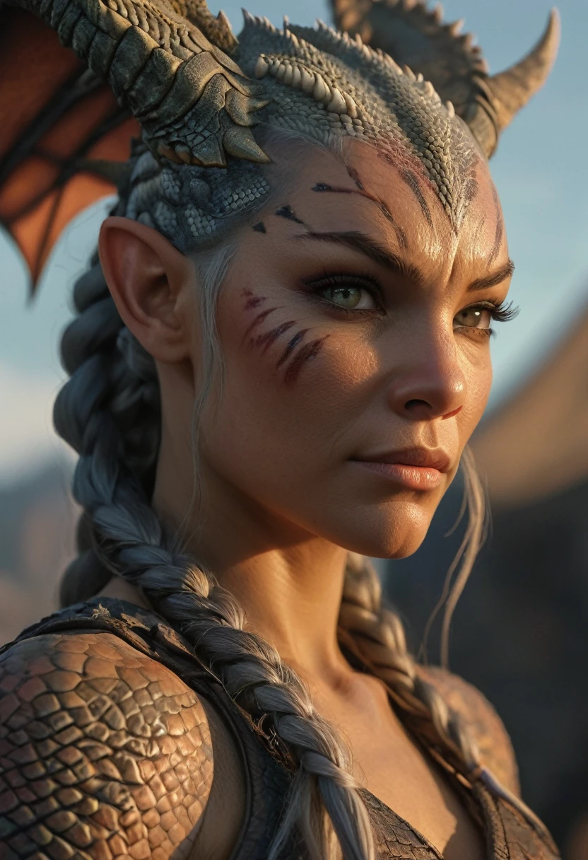 Hyperrealistic art female human dragon hybrid, covered in matte scales as skin, extreme close-up, striking reptilian eyes, dragon horns, bald, braided ponytail, exudes confidence and power, sunet, rim lighting, cold colors. style of Don Lawrence, style of (Will Murai:1.2), style of (Greg Rutkowski:0.8),  . Extremely high-resolution details, photographic, realism pushed to extreme, fine texture, incredibly lifelike