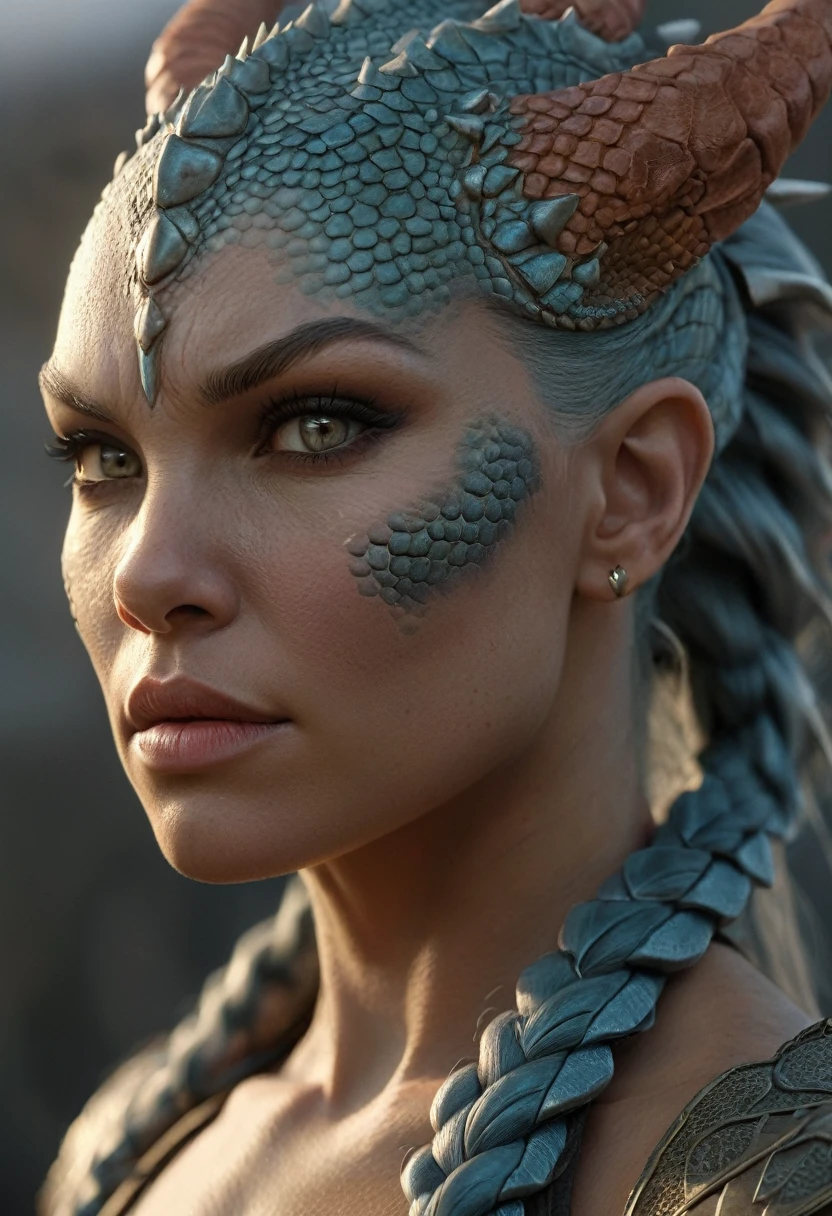 Hyperrealistic art female human dragon hybrid, covered in matte scales as skin, extreme close-up, striking reptilian eyes, dragon horns, bald, braided ponytail, exudes confidence and power, sunet, rim lighting, cold colors. style of Don Lawrence, style of (Will Murai:1.2), style of (Greg Rutkowski:0.8), . Extremely high-resolution details, photographic, realism pushed to extreme, fine texture, incredibly lifelike