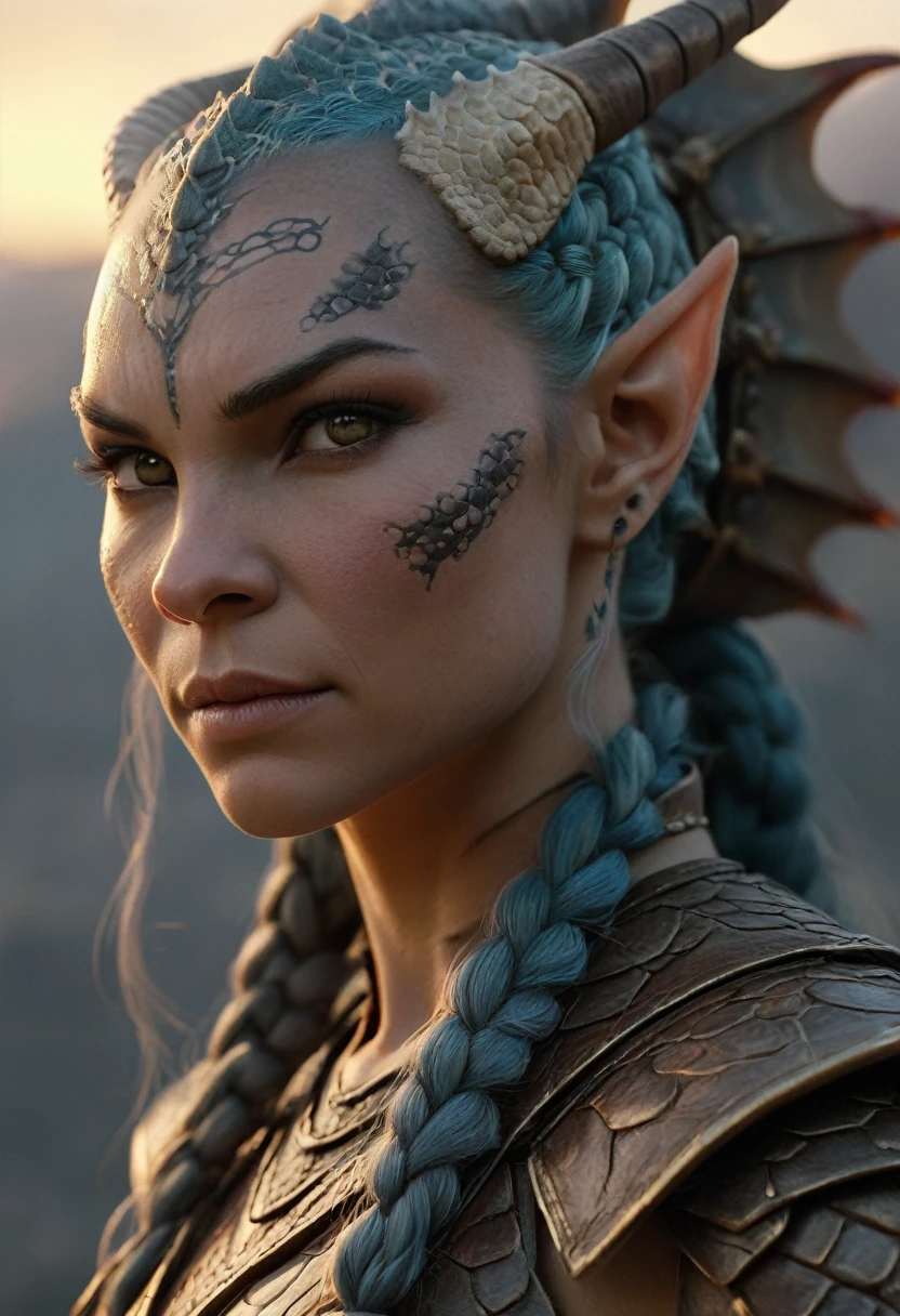 Hyperrealistic art female human dragon hybrid, covered in matte scales as skin, extreme close-up, striking reptilian eyes, dragon horns, bald, braided ponytail, exudes confidence and power, sunet, rim lighting, cold colors. style of Don Lawrence, style of (Will Murai:1.2), style of (Greg Rutkowski:0.8), . Extremely high-resolution details, photographic, realism pushed to extreme, fine texture, incredibly lifelike