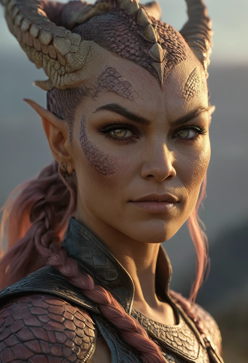 Hyperrealistic art female human dragon hybrid, covered in matte scales as skin, extreme close-up, striking reptilian eyes, dragon horns, bald, braided ponytail, exudes confidence and power, sunet, rim lighting, cold colors. style of Don Lawrence, style of (Will Murai:1.2), style of (Greg Rutkowski:0.8),  . Extremely high-resolution details, photographic, realism pushed to extreme, fine texture, incredibly lifelike
