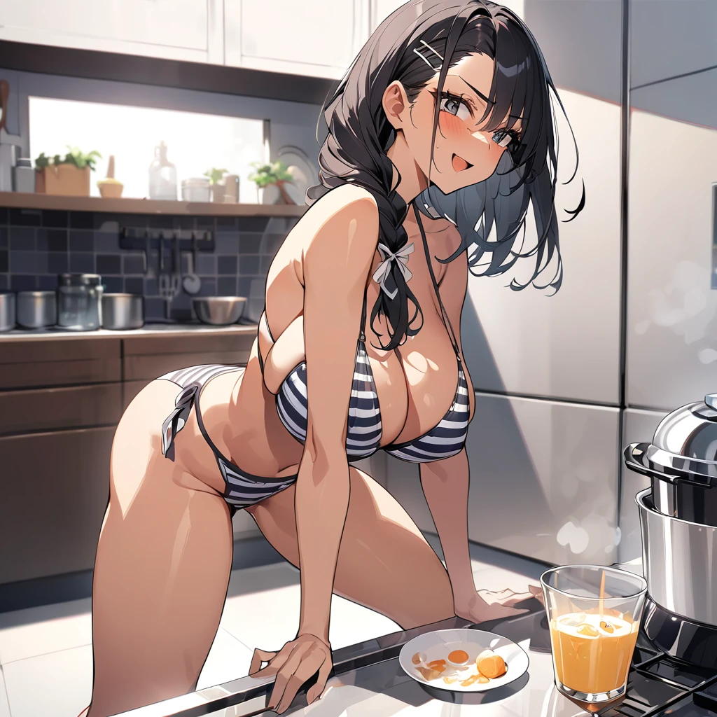 (anime style),masterpiece, best quality, extremely detailed,shoot from side,25Year old,tanned skin,dark skin, gigantic ,BREAK,multicolored colorful black hair,single braid,hair slicked back,BREAK,black eyes,wedding ring,smile,open mouth,pout,detailed lips,open legs,BREAK,cotton black bobby pin,BREAK,yellow a sweater with vertical stripes,kitchen apron,striped_bikini,off shoulder,navel,break,head tilt,in the kitchen,have a hot cream stew,All fours,bouncing_breast