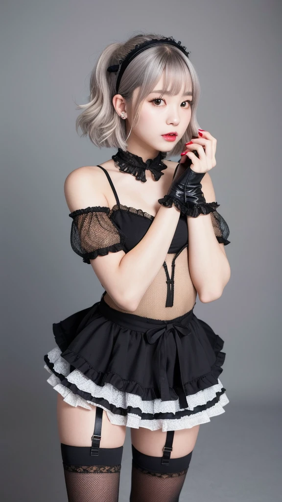(8K, Photorealistic, Raw photo, Highest quality: 1.4),Japanese idol-style beautiful girl,model,1 person,18-year-old,(Short Bob),(Silver Hair :1.1),She has her hair tucked behind her ears,Headband,Clear grey eyes,Long eyelashes,(piercings(small)),(Lip gloss),lips(Plump,glossy),thin long neck,gothic lolita dress,Frills,petticoat,layer,garter belt,tights(Mesh),boots,studio,Full body portrait