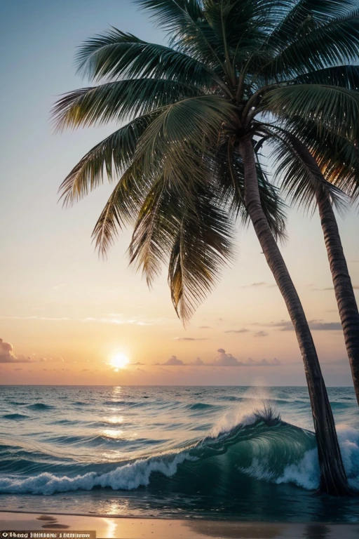 Tattoo of a beach with a palm tree swaying in the wind and in the background a person surfing on an orange board, a well-defined wave of approximately 1,5 m; The sea in the background unites with the horizon of a beautiful late afternoon with vibrant colors; Place the palm tree on the sand strip. add a male surfer riding the wave on an orange surfboard