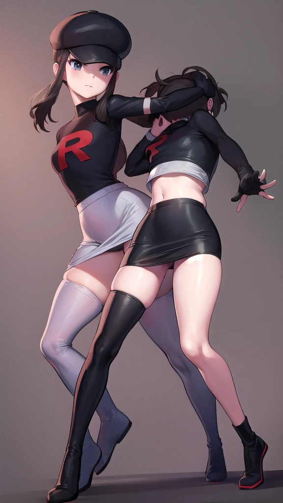 Hilda Pokemon  team Rocket, uniform team Rocket, White skirt, White crop top, black thigh high stockings, black gloves up to the elbows fighting pose 