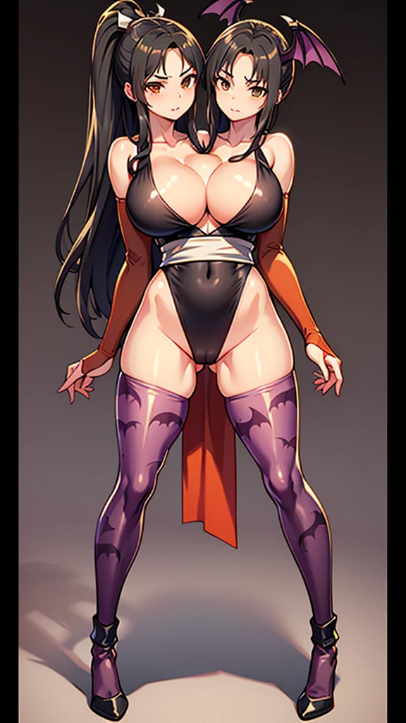 masterpiece, best quality, highres, 1girl, solo, (Conjoined_dicephalus), (2 heads:1.2), two heads, (1 body:1.5), 2 girl, solo, 2 legs, 2 arms, conjoined twins, BREAK surprised, frustrating, fighting, simple background,looking at viewer, upper body, mai shiranui, brown eyes, long hair, purple hair, white ribbon, sleeveless, ponytail, sash, pelvic curtain, arm guards, gloves, tabi, morrigan_aensland_aiwaifu,green_eyes,green_hair,breasts,bangs,demon_girl,head_wings,long_hair,wings,animal_print,pantyhose,bat_print,bat_wings,print_legwear,bridal_gauntlets,leotard,bare_shoulders,cleavage,large_breasts,black_wings,orange_gloves,thong_leotard,black_footwear,bat print,clothing_cutout,purple_wings,heart_cutout,low_wings,black_leotard,bat,highleg_leotard,purple_legwear,highleg,demon_wings,feather_trim,gloves,koakuma,cutout_above_navel,thighs,collarbone,