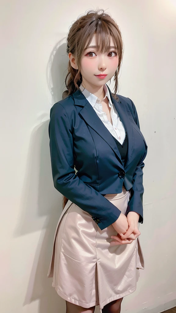 SEX,オナミー、masterpiece, best quality, 1 girl, solo, teenager, large breasts, light brown eyes, bangs, brond hair, braids hair, office staff suit, jacket, pencil skirt, upper body, standing, office、NSFW、