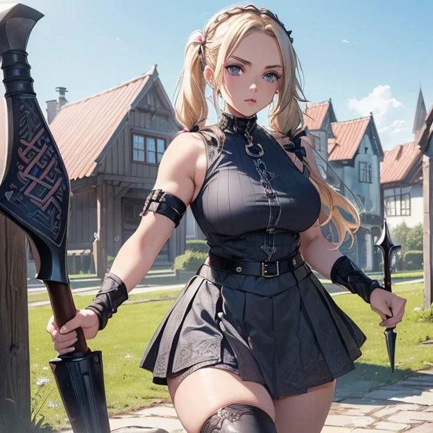 (Best high quality image, very detailed image and textures, carefully detailed image, carefully detailed character, carefully detailed background, carefully detailed textures, character alone)
{{((1character: 29 years old swedish blonde girl citizen), (blonde hair tied in two high-long-pigtails with pink ribbons, fair-pale skin, light blue eyes, thin lips, blonde eyebrows, absolute beauty, voluptuous feminine figure, beautiful arms, beautiful legs, serious expression, combat pose), (ong black boots, grey skirt, blue chainmail shirt, two hand viking axes), (house yard, sunny day))}}