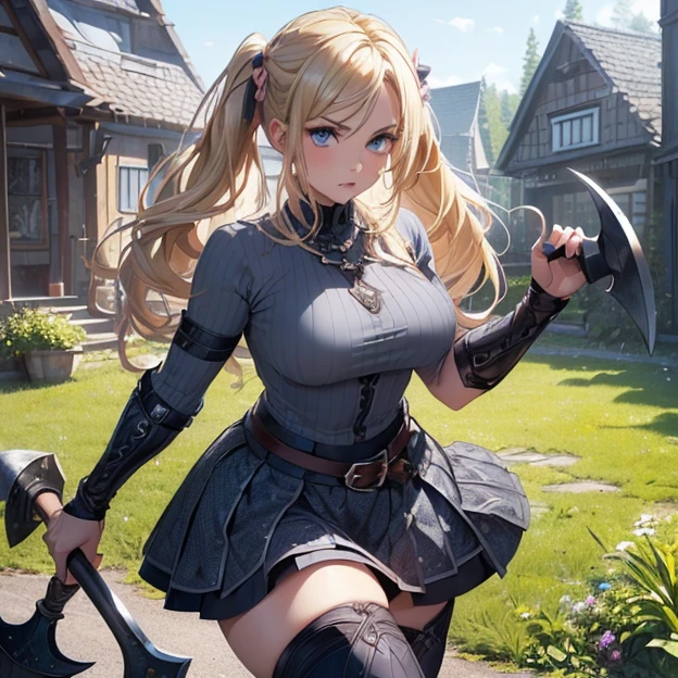 (Best high quality image, very detailed image and textures, carefully detailed image, carefully detailed character, carefully detailed background, carefully detailed textures, character alone)
{{((1character: 29 years old swedish blonde girl citizen), (blonde hair tied in two high-long-pigtails with pink ribbons, fair-pale skin, light blue eyes, thin lips, blonde eyebrows, absolute beauty, voluptuous feminine figure, beautiful arms, beautiful legs, serious expression, combat pose), (ong black boots, grey skirt, blue chainmail shirt, two hand viking axes), (house yard, sunny day))}}