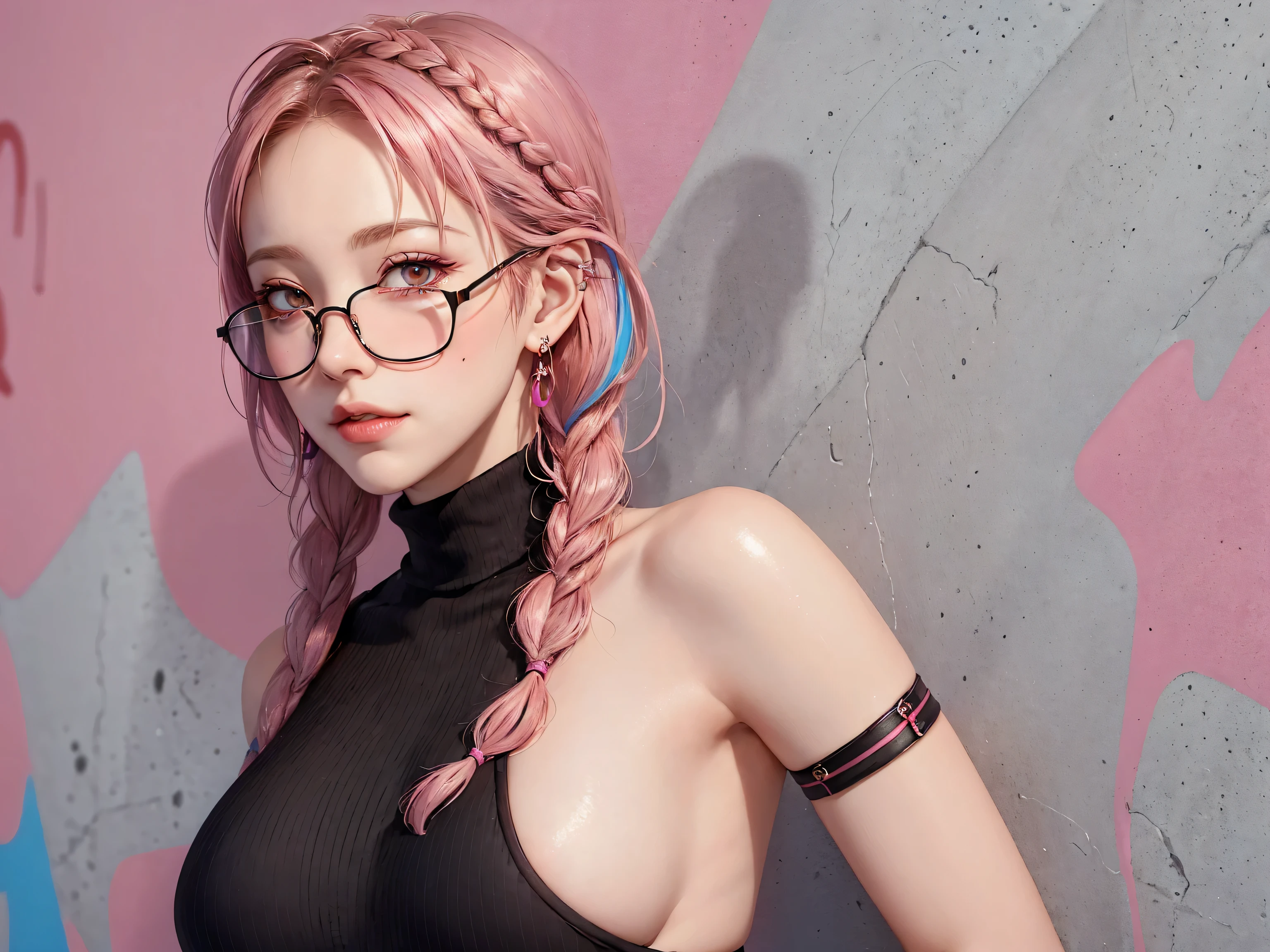 (Masterpiece, best quality, 1 girl, alone, complicated details, Chromatic aberration), realistic, ((Moderate breath)),long hair, pink hair, Red headpiece, Pink Highlights, hair on one eye,purple eyes, earring, sharp eyes, choker, Neon coat, She wears a collar, bangle, and kimono style garters., crop top, (symmetrical eyes),(Perfect symmetrical body),against the wall, Brick wall, (colorful graffiti words on the wall:1.2), The light is dim., alley ,Look at the viewer.、Dig the chest、smile、(sleeveless、Navel touch、Fitted turtleneck.)、street string hot pants、Thin bottom、Please build above the eaves..、Thin shoulders、1 Female,Brown Hair, ,((Anxious expression)),Beautiful breasts,School Swimsuit、Stylish,,(Look forward)(((Blushing、Surprised expression)),(((Braid))),((( Upper body portrait)))Frameless Glasses