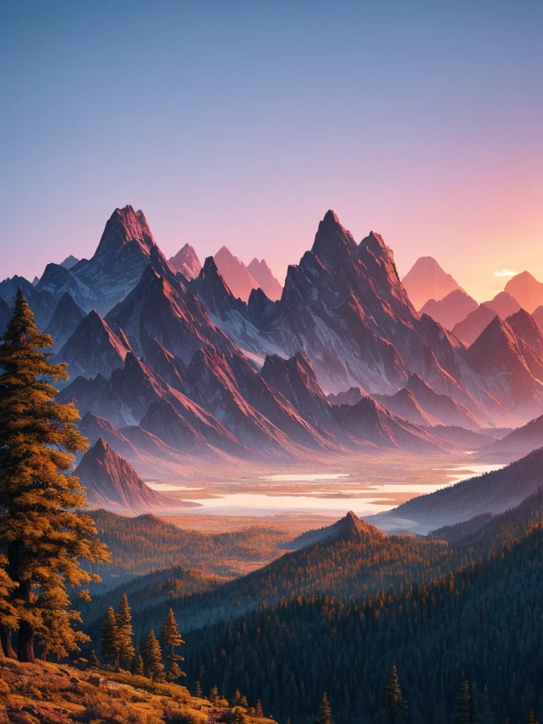 a sunset view of mountains and trees in the distance, a digital painting inspired by Mike Winkelmann, trending on behance, pixel art, beeple and mike winkelmann, realism | beeple, mountainscape, mountain sunrise, art contest winner on behance, digital art. artstation, beeple daily art, mountains and sunset!!